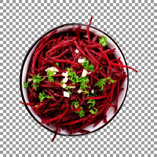 bowl of beetroot salad with green herbs on transparent background