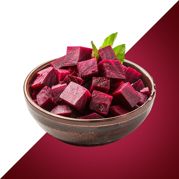 a bowl of beets with leaves in it and a red background