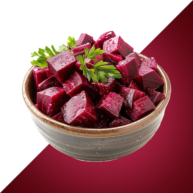 a bowl of beets with a red background and a white stripe