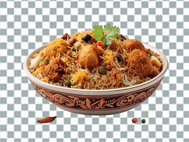 PSD bowl of biryani with chicken pieces on a transparent background