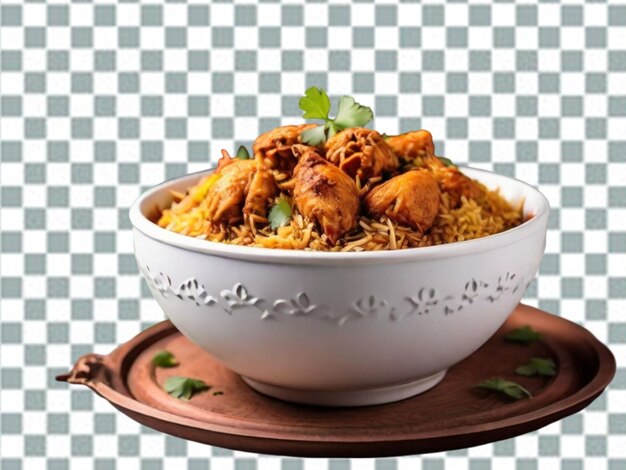 PSD bowl of biryani with chicken pieces on a transparent background