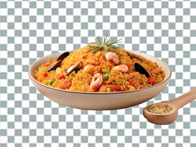 PSD bowl of biryani with chicken pieces on a transparent background