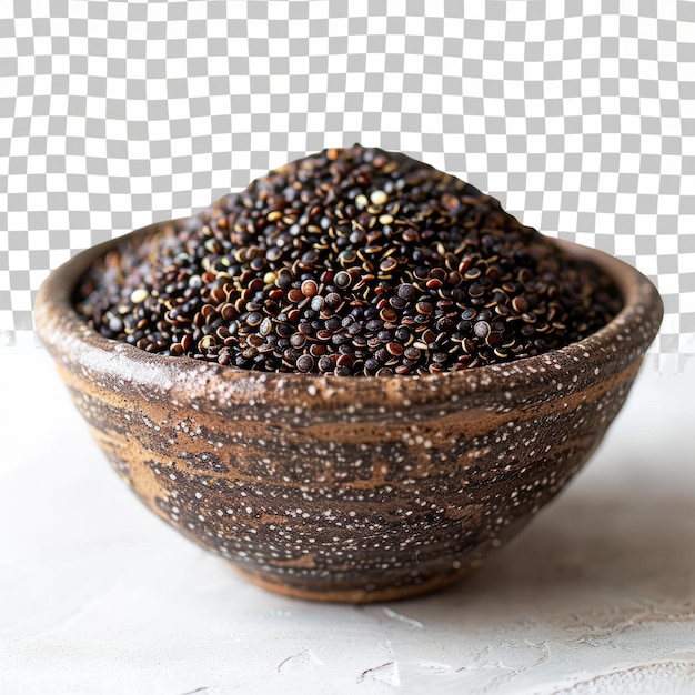 A bowl of black pepper sits on a table