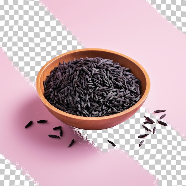 PSD a bowl of black rice sits on a pink and white checkered background.