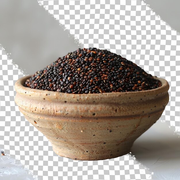 A bowl of black seeds is sitting on a table