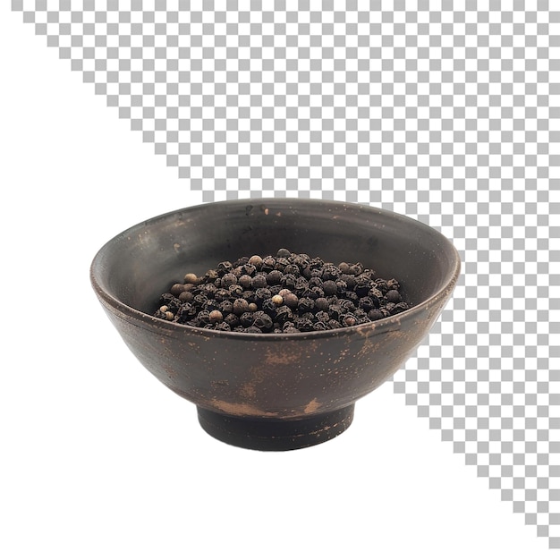 a bowl of black seeds sits on a white background with a black background