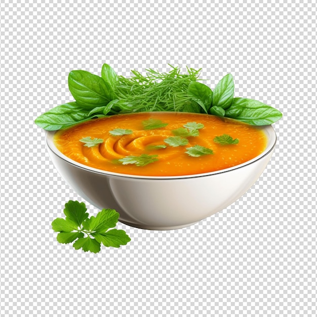 Ciotola di zuppa di carota con foglie verdi su uno sfondo bianco trasparente