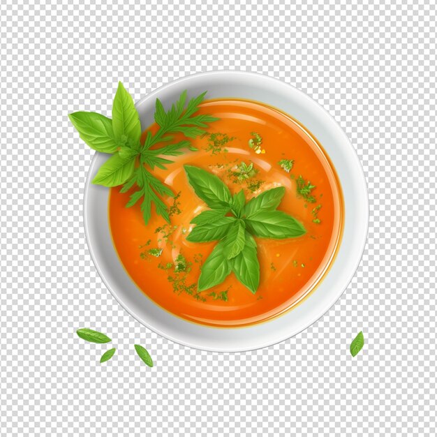 Bowl of carrot soup with green leaves on transparent white background