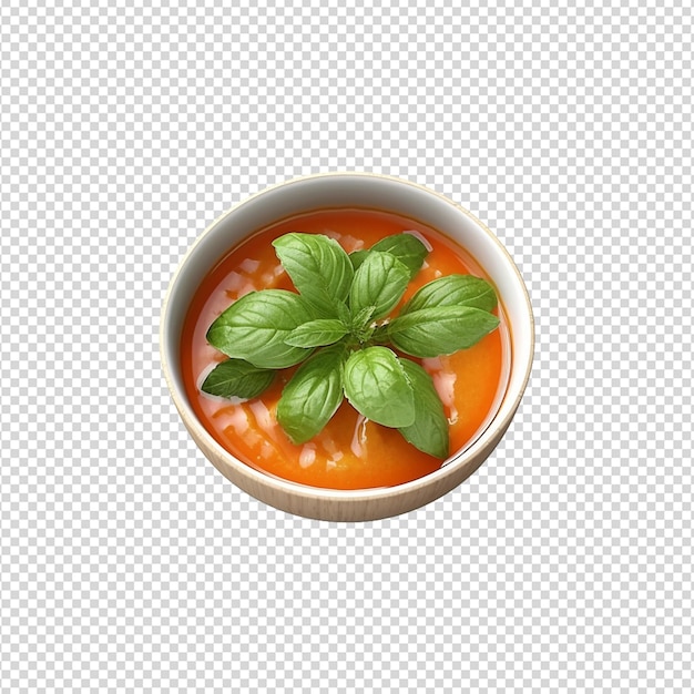 PSD bowl of carrot soup with green leaves on transparent white background