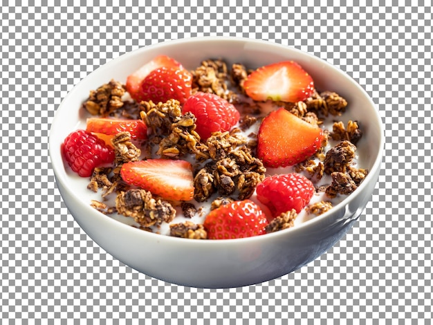 PSD bowl of cereal with strawberries and milk on transparent background