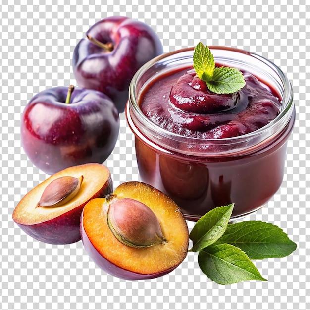 PSD a bowl of cherry jam with cherries and plums on transparent background