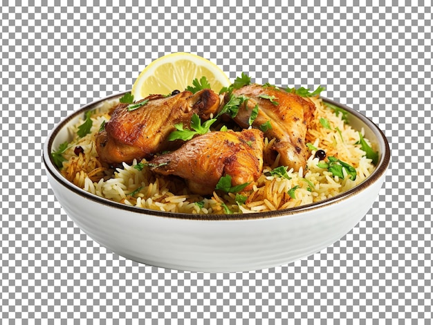 PSD bowl of chicken biryani with lemon slice on transparent background