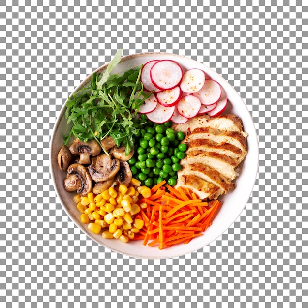 A bowl of chicken breast with mix vegetable slices on transparent background