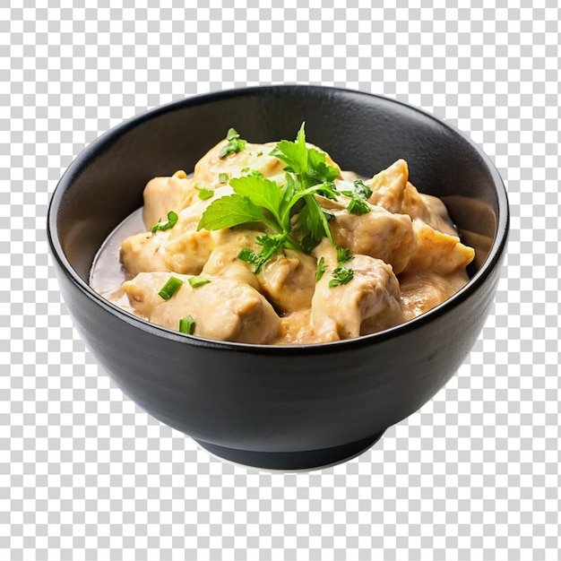 Bowl of chicken meat with cream sauce isolated on transparent background