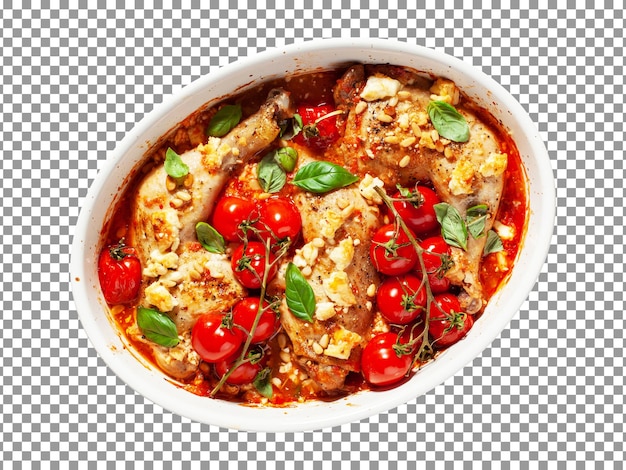 PSD bowl of chicken with tomatoes and basil on a transparent background