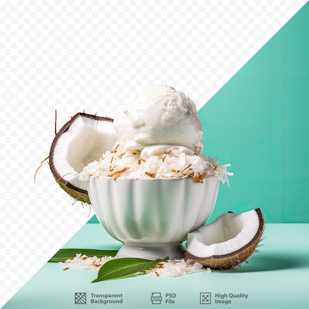 A bowl of coconut milk with coconut and coconut on it.