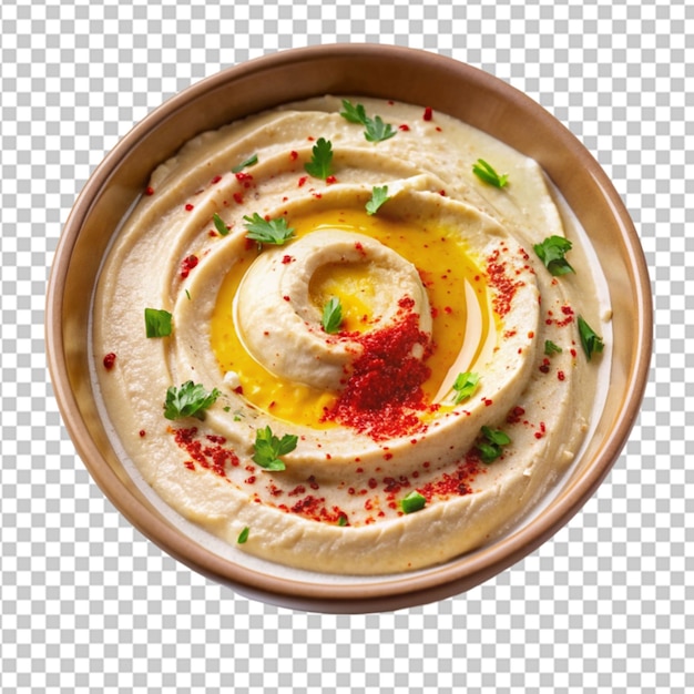 PSD a bowl of creamy hummus garnished with a drizzle