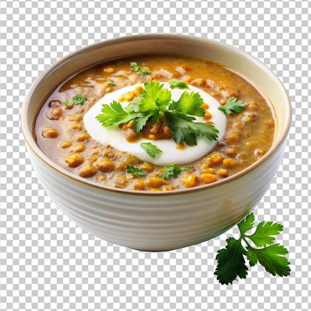 PSD una ciotola di zuppa di lenticchie cremosa guarnita