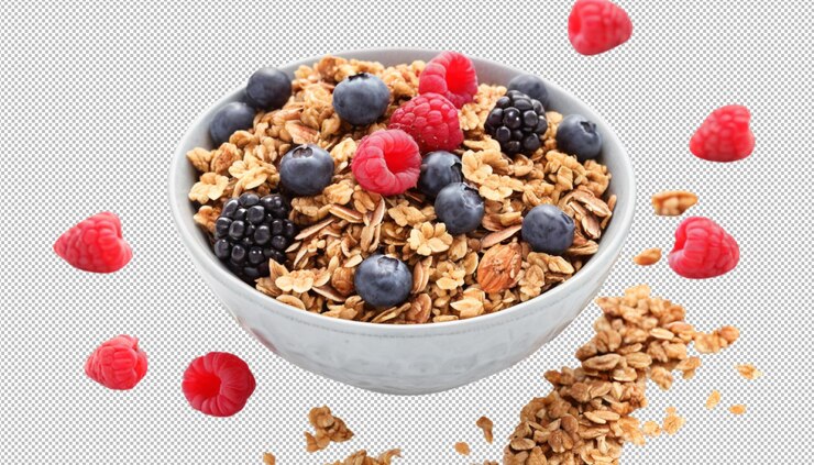 PSD bowl of crunchy granola with berries breakfast treat