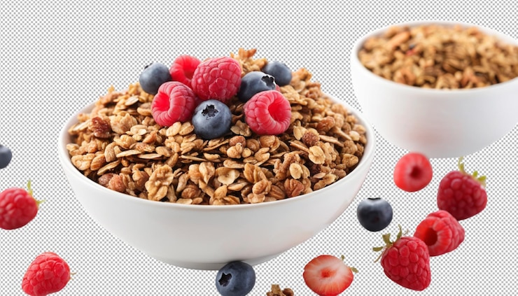 PSD bowl of crunchy granola with berries for energy