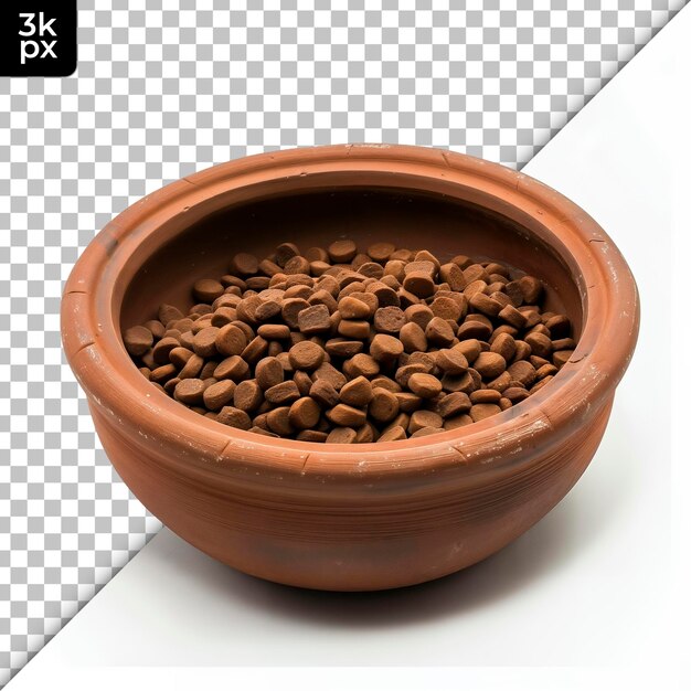 PSD a bowl of dry cat food with a brown bowl of seeds