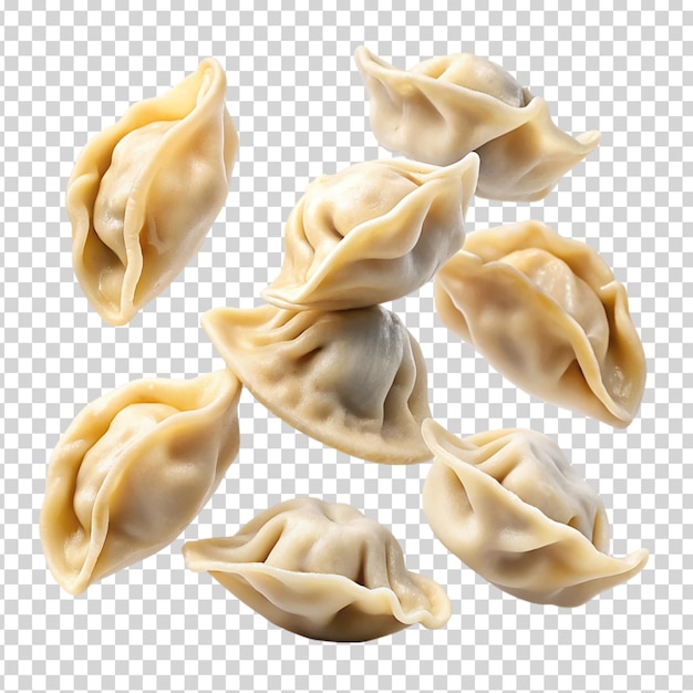 A bowl of dumplings with some falling on transparent background