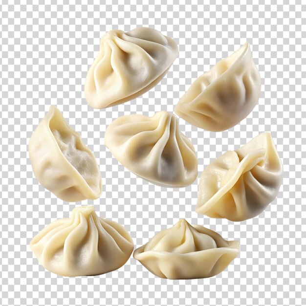 A bowl of dumplings with some falling on transparent background