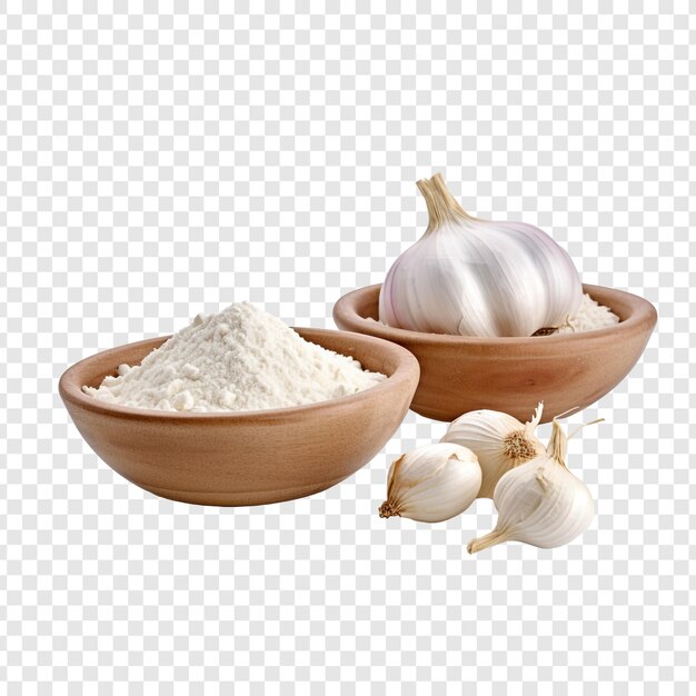 A bowl of flour and a bowl of garlic on a checkered isolated on transparent background