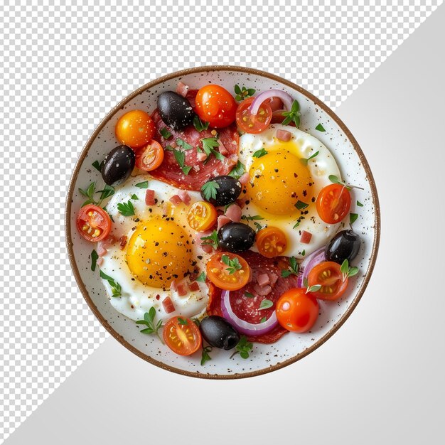 PSD a bowl of food with eggs tomatoes and herbs