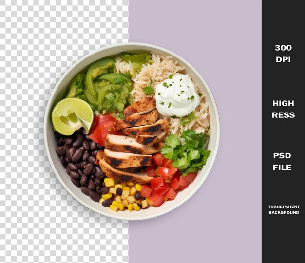 PSD a bowl of food with a picture of a chicken and rice