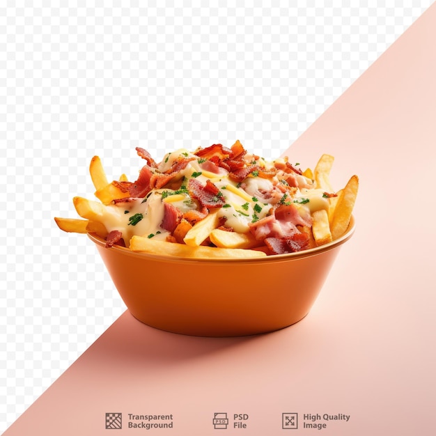 PSD a bowl of french fries with a bowl of bacon and french fries.