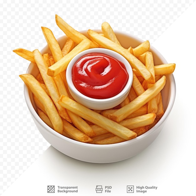 A bowl of french fries with ketchup and ketchup.