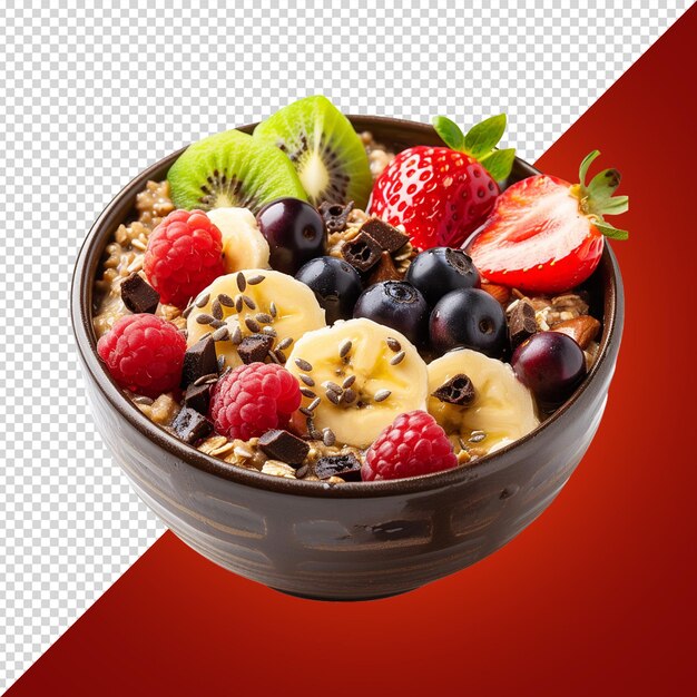 A bowl of fruit and berries with a red background