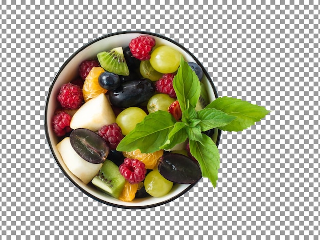 Bowl of fruit salad with a green leaf on transparent background