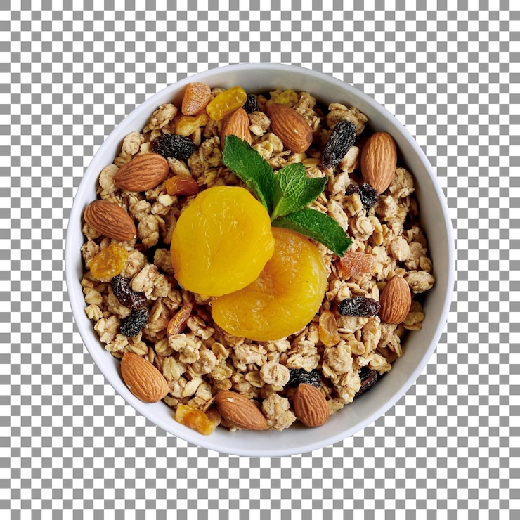 PSD bowl of granola with almonds and dried apricots on transparent background