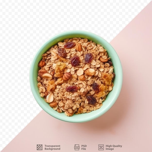 PSD a bowl of granola with raisins and raisins on a pink background.