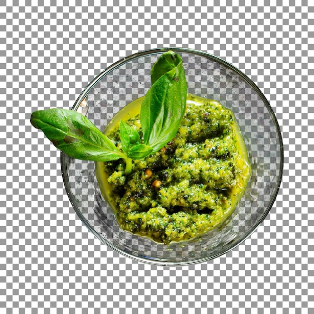 PSD bowl of green pesto with leaves on transparent background