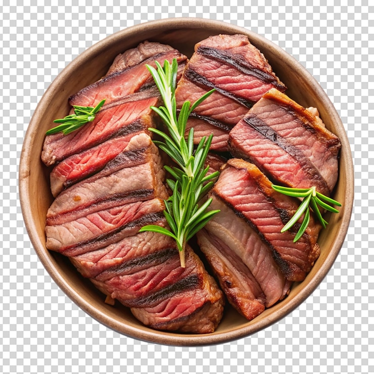 PSD bowl of grilled beef slices isolated on white background