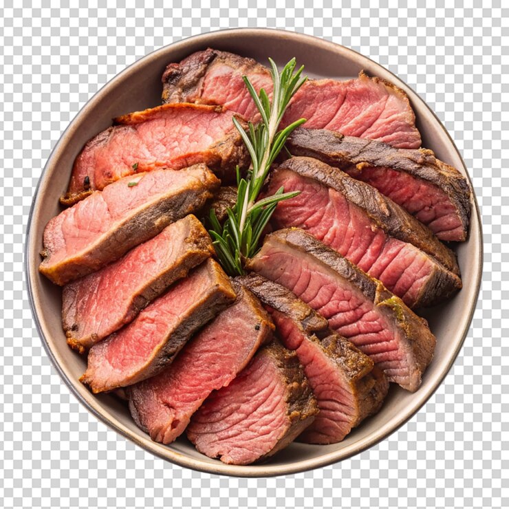 PSD bowl of grilled beef slices isolated on white background