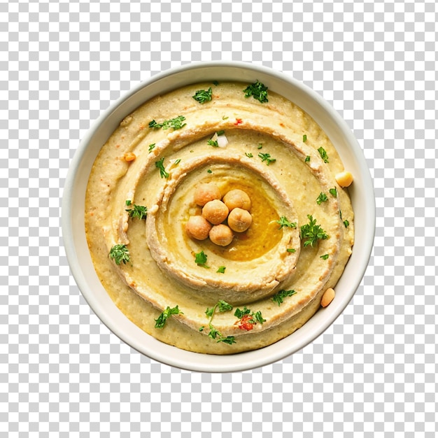 PSD bowl of handmade chickpea hummus isolated on transparent background