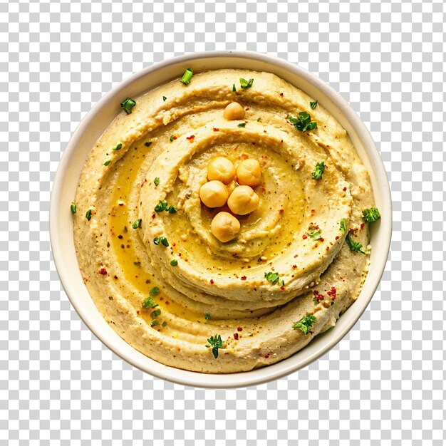 PSD bowl of handmade chickpea hummus isolated on transparent background