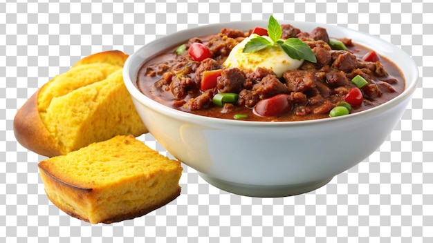 PSD a bowl of hearty beef chili with cornbread isolated on transparent background