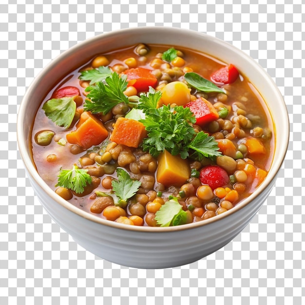 PSD bowl on hearty lentils vegetable soup isolated on transparent background