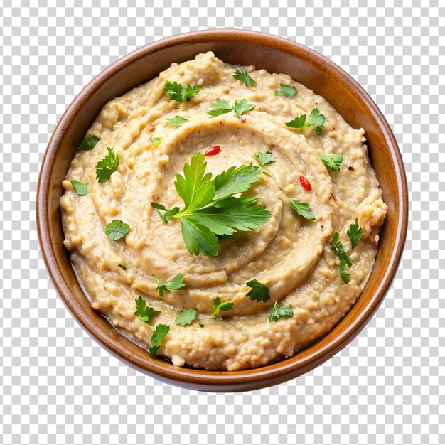 PSD a bowl of hummus with a green herb on transparent background