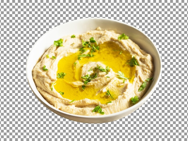 PSD bowl of hummus with olive oil and parsley on a transparent background