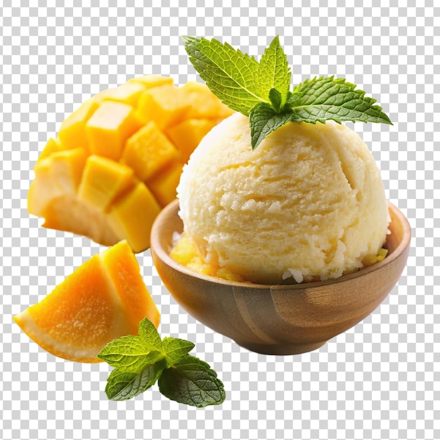 PSD a bowl of ice cream with a slice of mango and a leaf on transparent background