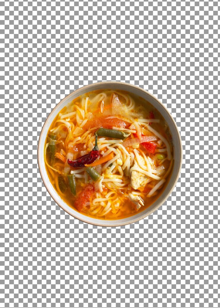 PSD 孤立した透明な背景に野菜とホットノドルを入れたインスタントポットヌードルスープのボウル