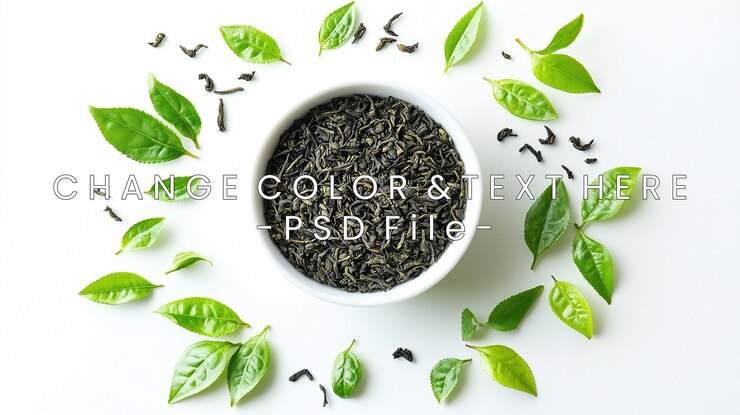 PSD a bowl of loose black tea surrounded by fresh green tea leaves o