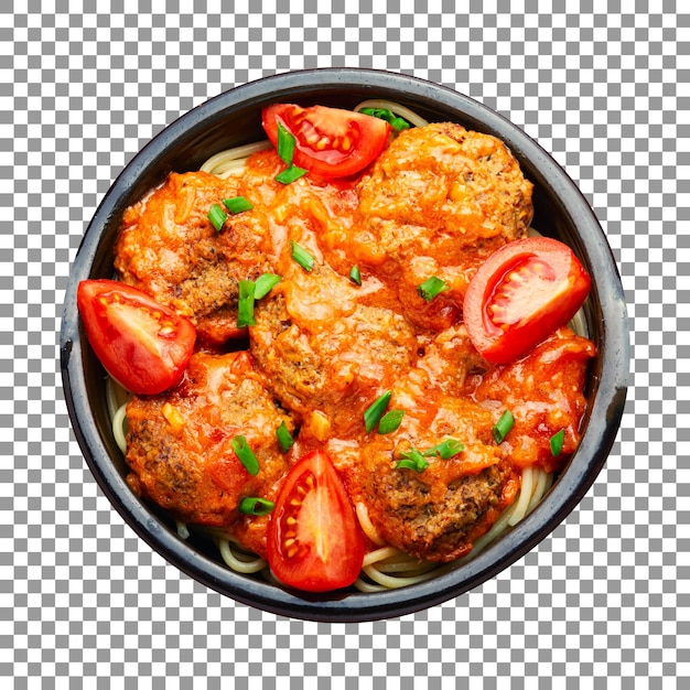 PSD a bowl of meatballs with tomato sauce and green onions on a transparent background