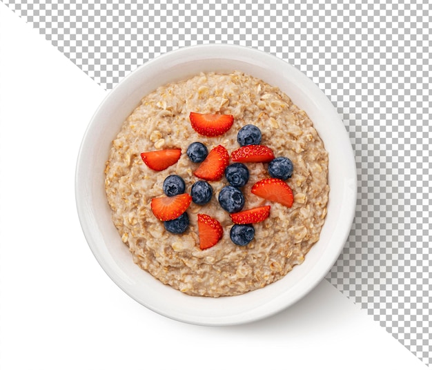 Bowl of oatmeal isolated on white background top view